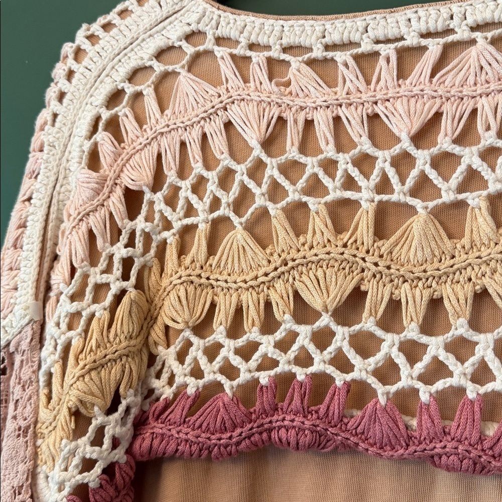 Free People Brown Sugar Combo High Hopes Lace Sleeve XS Crochet Top - Picture 6 of 7